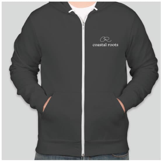 Coastal Roots Hospitality zip hoodie — front view