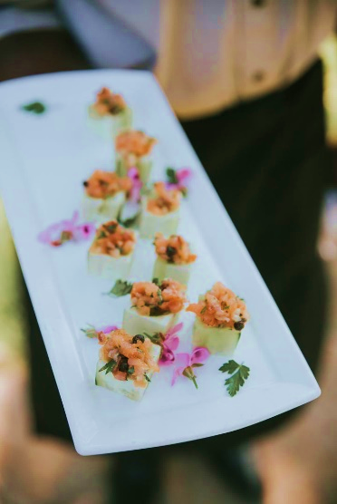 Tray of colorful appetizer bites