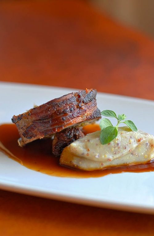 Braised pork belly with mustard cream